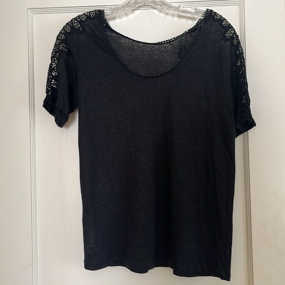Sandro scoopback linen and lace tee black FR size 2 - Picture 3 of 5